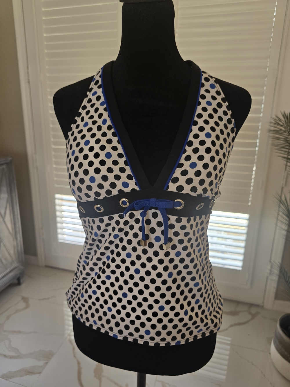 Polka Dot Swim Camisole with Blue Trim